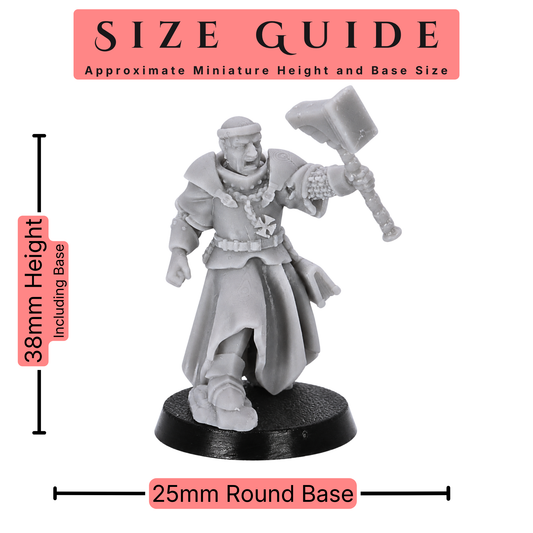 Inquisitor Band 32mm scale miniature size guide showing an approximate 38mm miniature height and 25mm round base size.