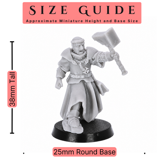 Size guide for Inquisitor Band by Highlands Miniatures showing a 38mm tall warrior priest on a 25mm round base.