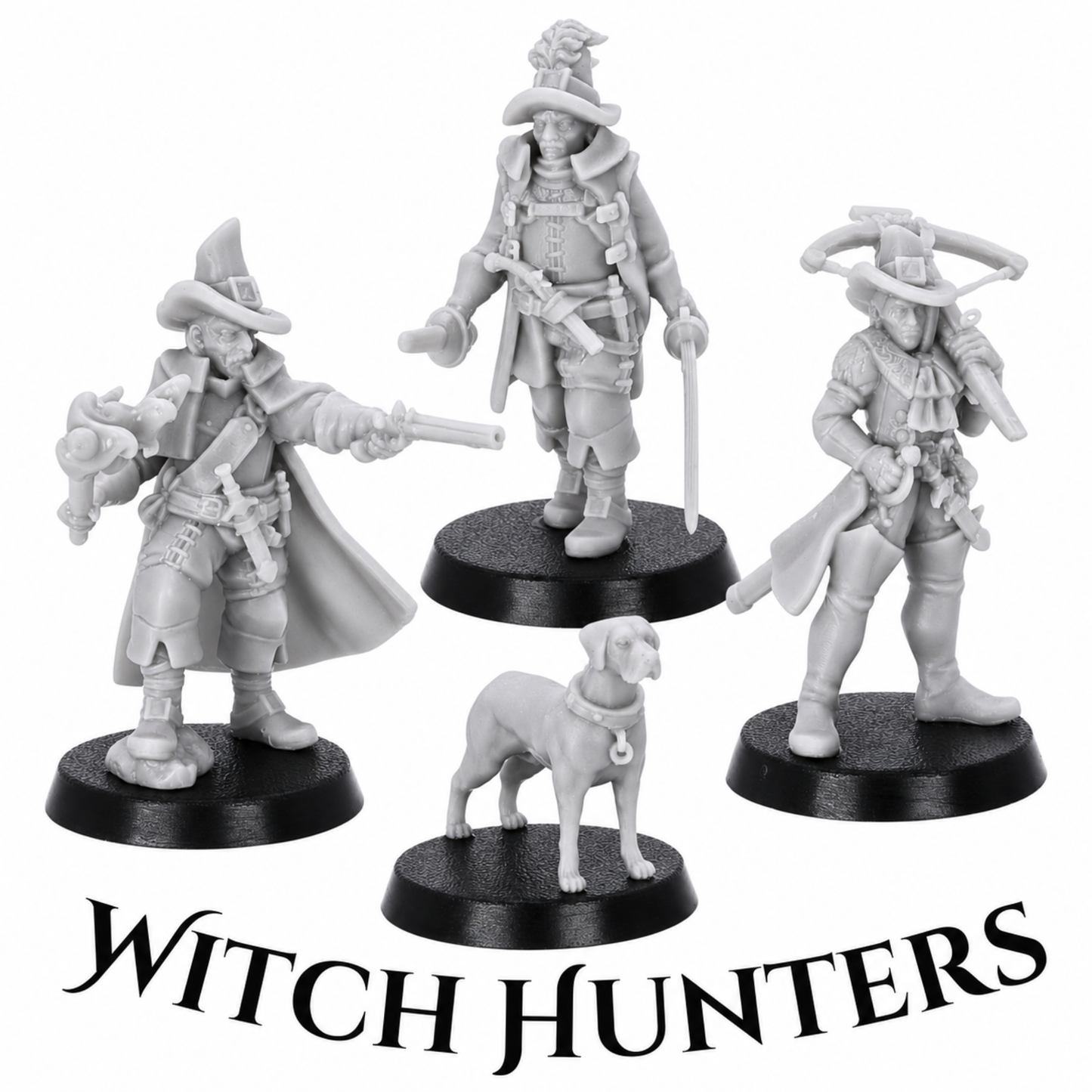Witch Hunters variation from the Inquisitor Band set showing three hunters and a hound in grey resin.