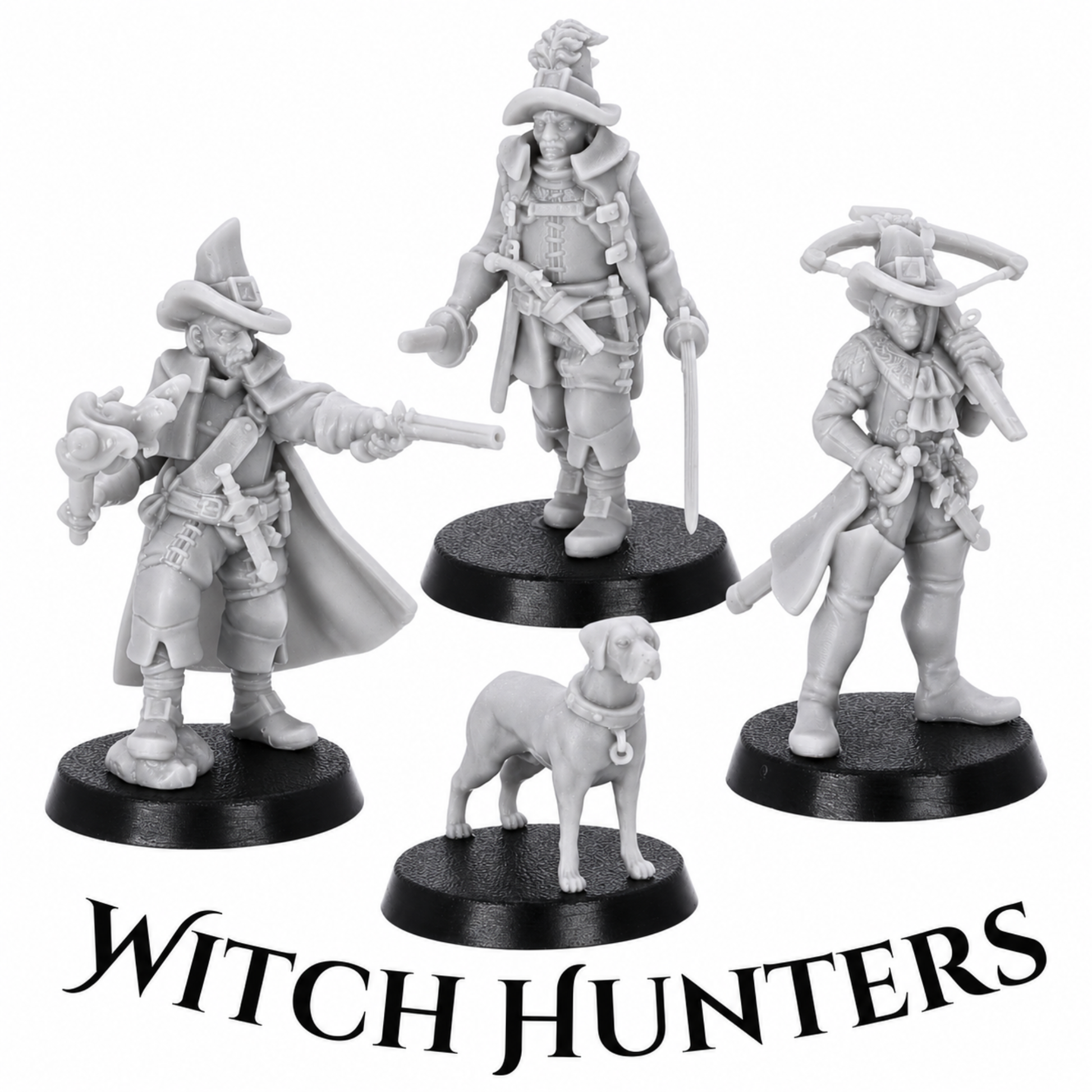 Witch Hunters variation from the Inquisitor Band set showing three hunters and a hound in grey resin.