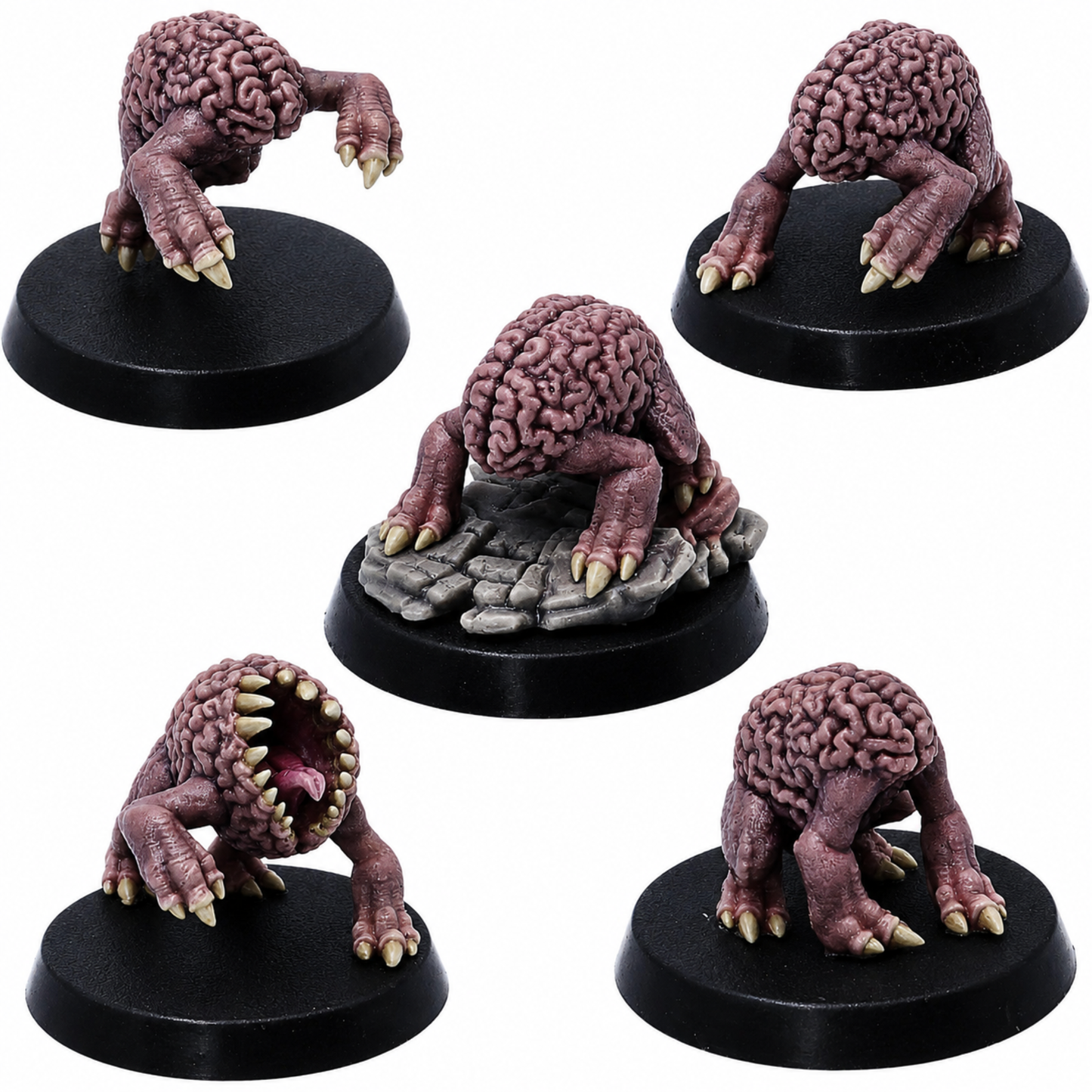 Painted Intellect Crawlers set by Epic Miniatures showing five 28mm brain creature miniatures on 25mm round bases.