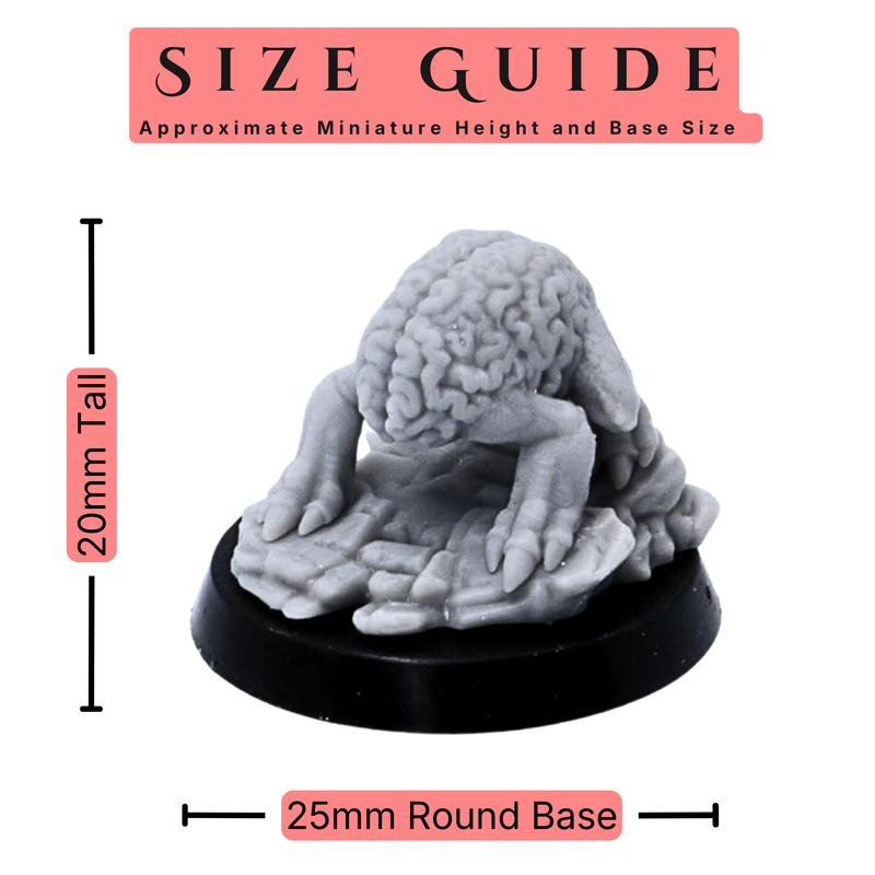 Size guide for Intellect Crawlers miniature showing 20mm approximate height and 25mm round base size.