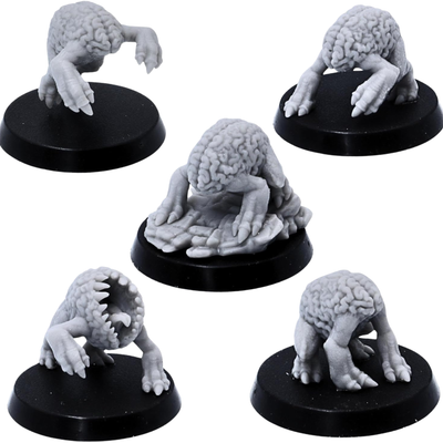 Unpainted Intellect Crawlers set showing multiple creeping poses on 25mm round bases for dungeon horror encounters.