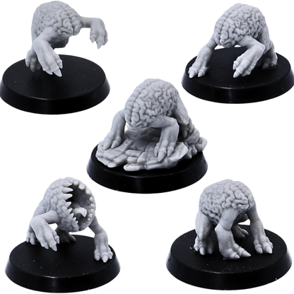 Unpainted Intellect Crawlers set showing multiple creeping poses on 25mm round bases for dungeon horror encounters.