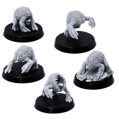 Unpainted Intellect Crawlers miniatures showing five crawling brain-creature poses for tabletop RPG encounters.