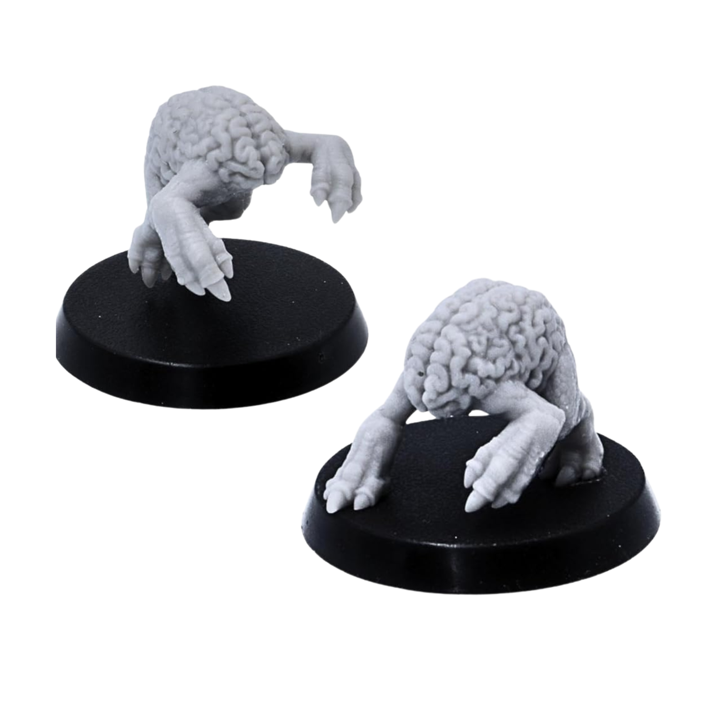 Unpainted Intellect Crawlers miniatures showing two low crawling poses with exposed brain texture and clawed limbs.