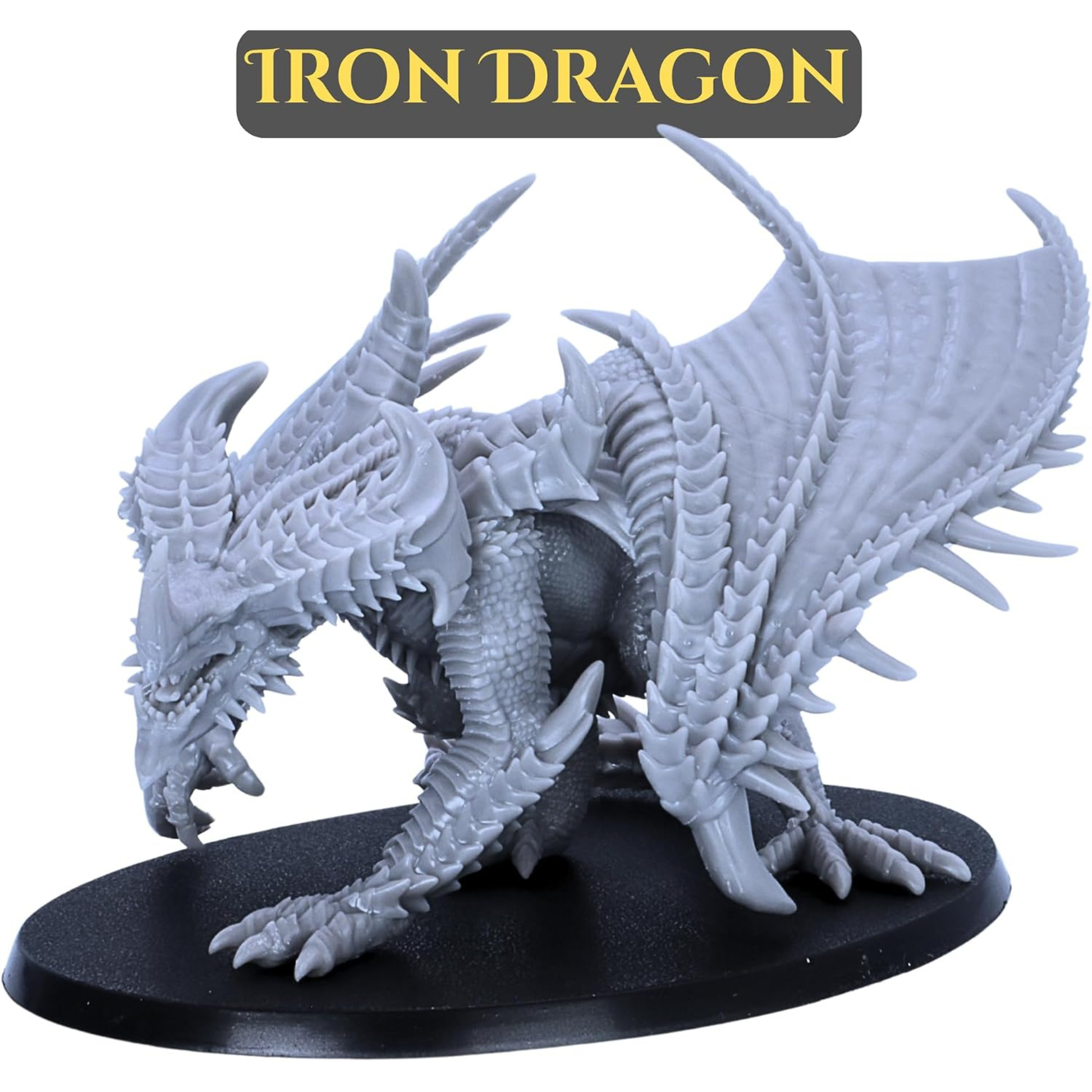 Large Iron Dragon fantasy miniature with heavily armoured scales, horns, wings and an imposing tabletop pose.