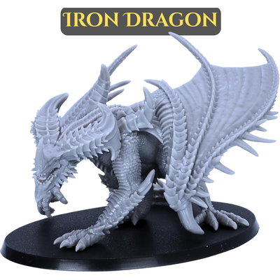 Large Iron Dragon fantasy miniature with heavily armoured scales, horns, wings and an imposing tabletop pose.