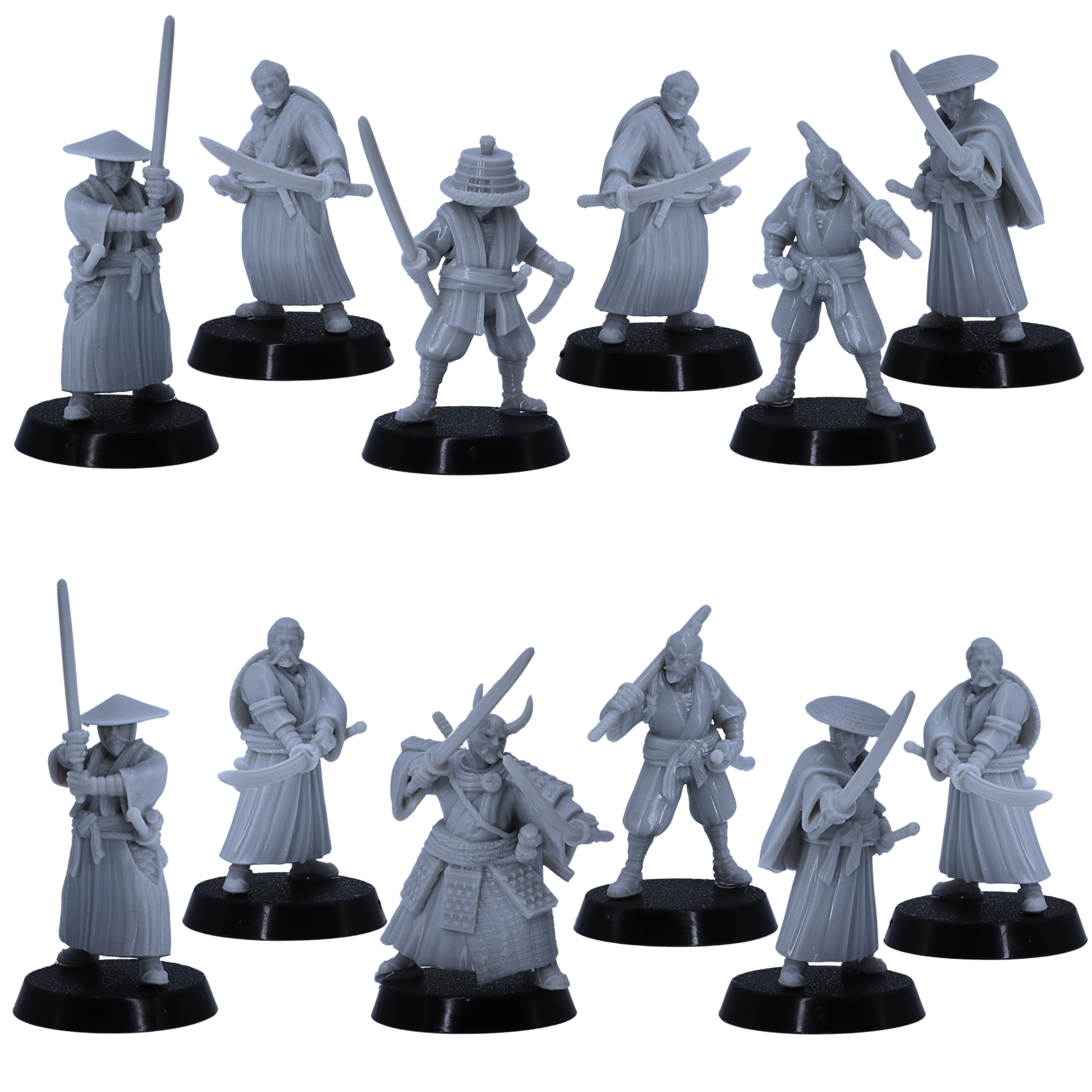 Alt Text: Full set of 12 Japanese Samurai Ronin miniatures by Kyoushuneko Miniatures.