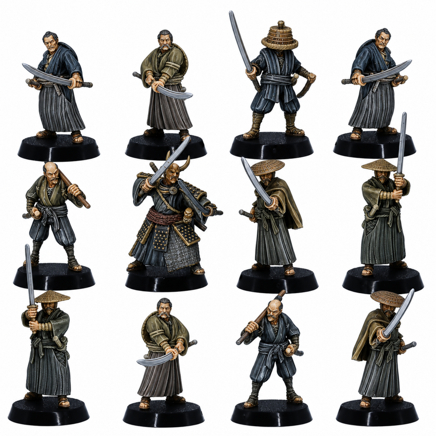 Alt Text: Painted set of 12 Japanese Samurai Ronin miniatures by Kyoushuneko Miniatures.