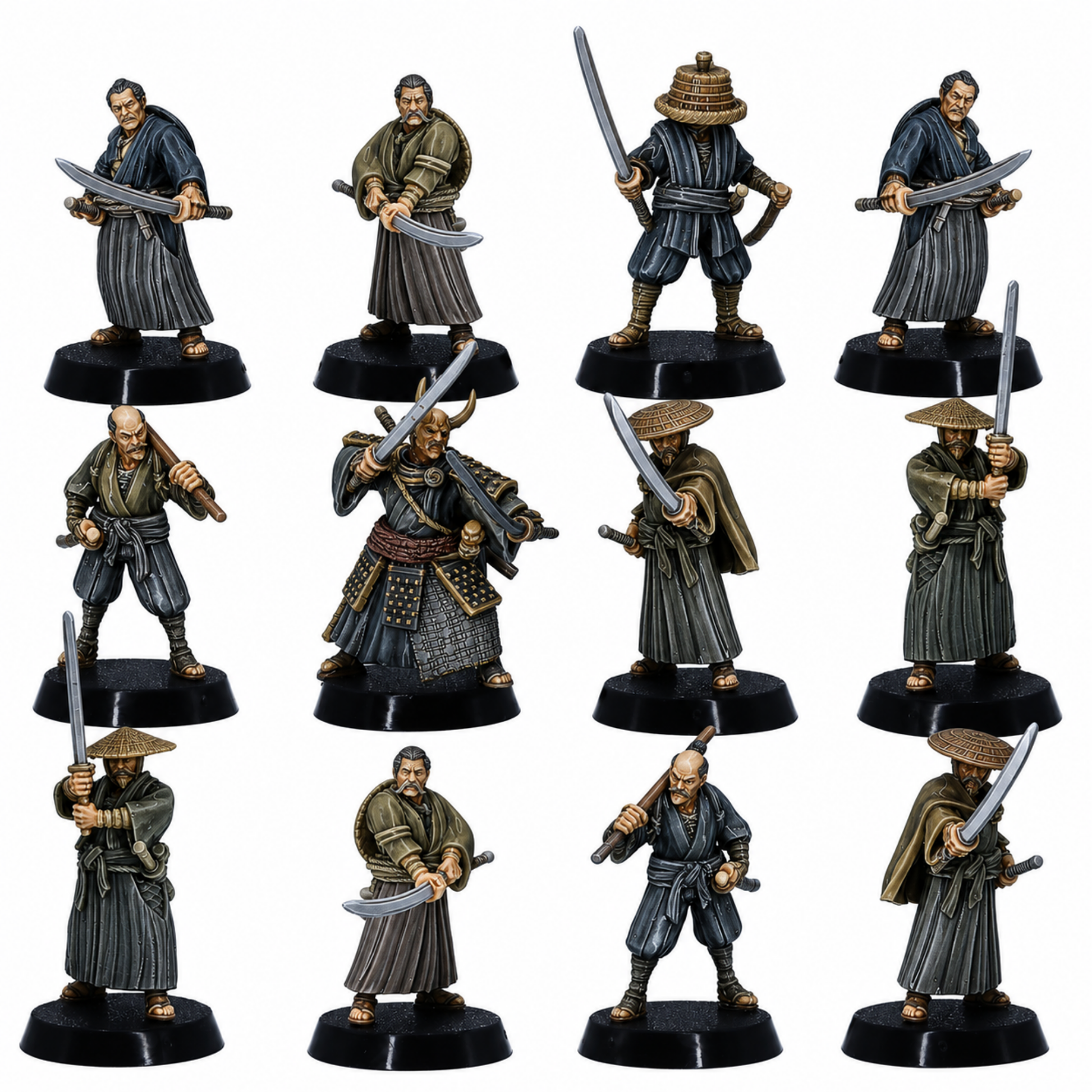 Alt Text: Painted set of 12 Japanese Samurai Ronin miniatures by Kyoushuneko Miniatures.