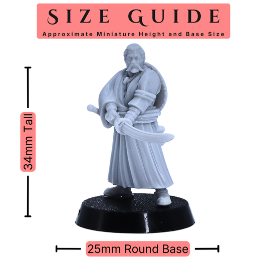 Alt Text: Japanese Samurai Ronin miniature size guide showing approximately 34mm height and 25mm round base.