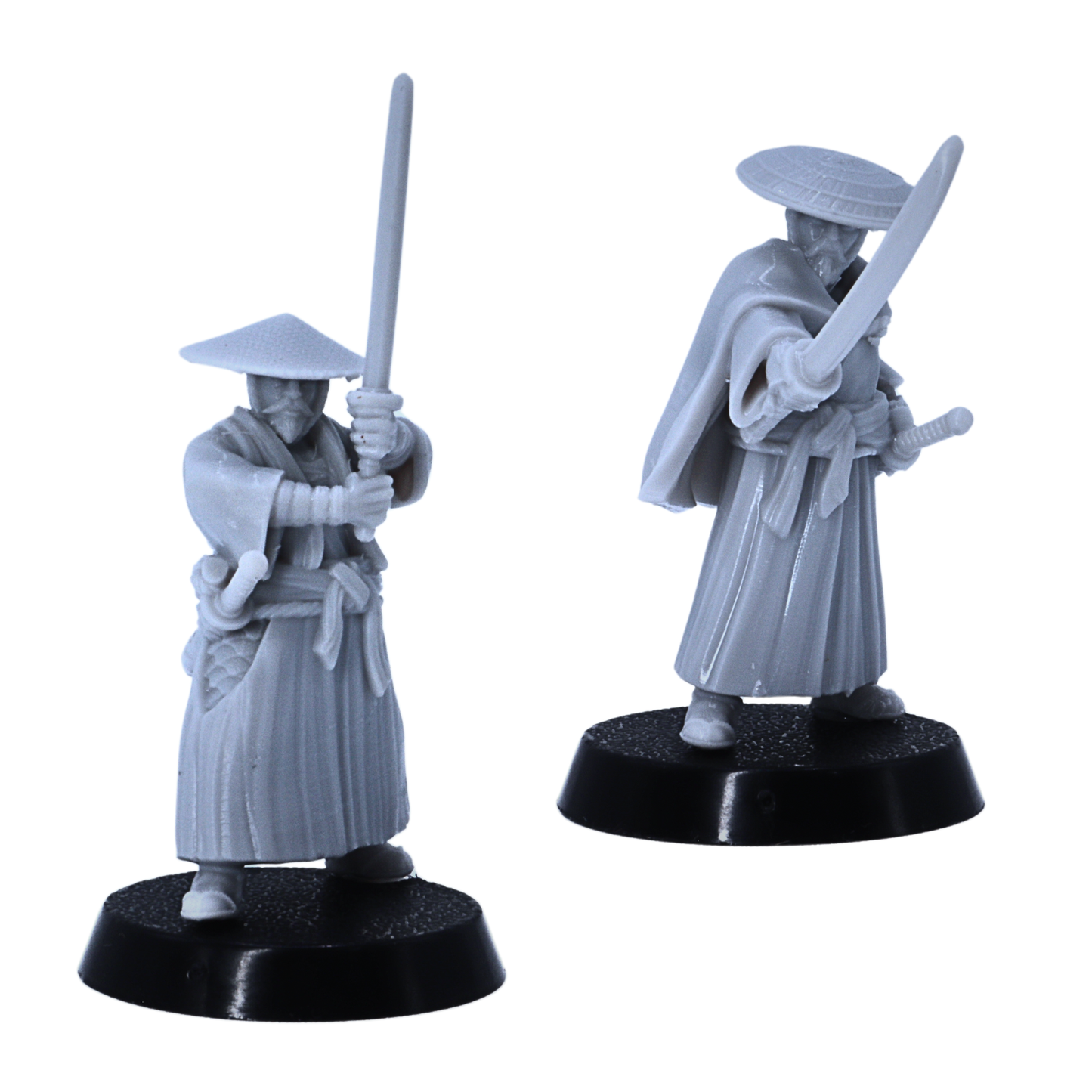 Alt Text: Two Japanese ronin swordsmen miniatures featuring traditional armour, robes, and headwear.