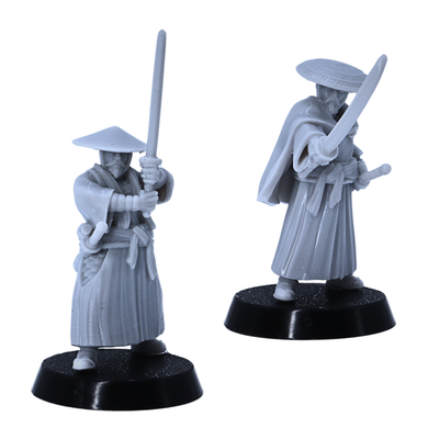 Alt Text: Two Japanese ronin swordsmen miniatures featuring traditional armour, robes, and headwear.