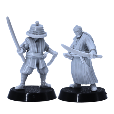 Alt Text: Detailed Japanese Samurai Ronin miniatures in varied sword-fighting poses.