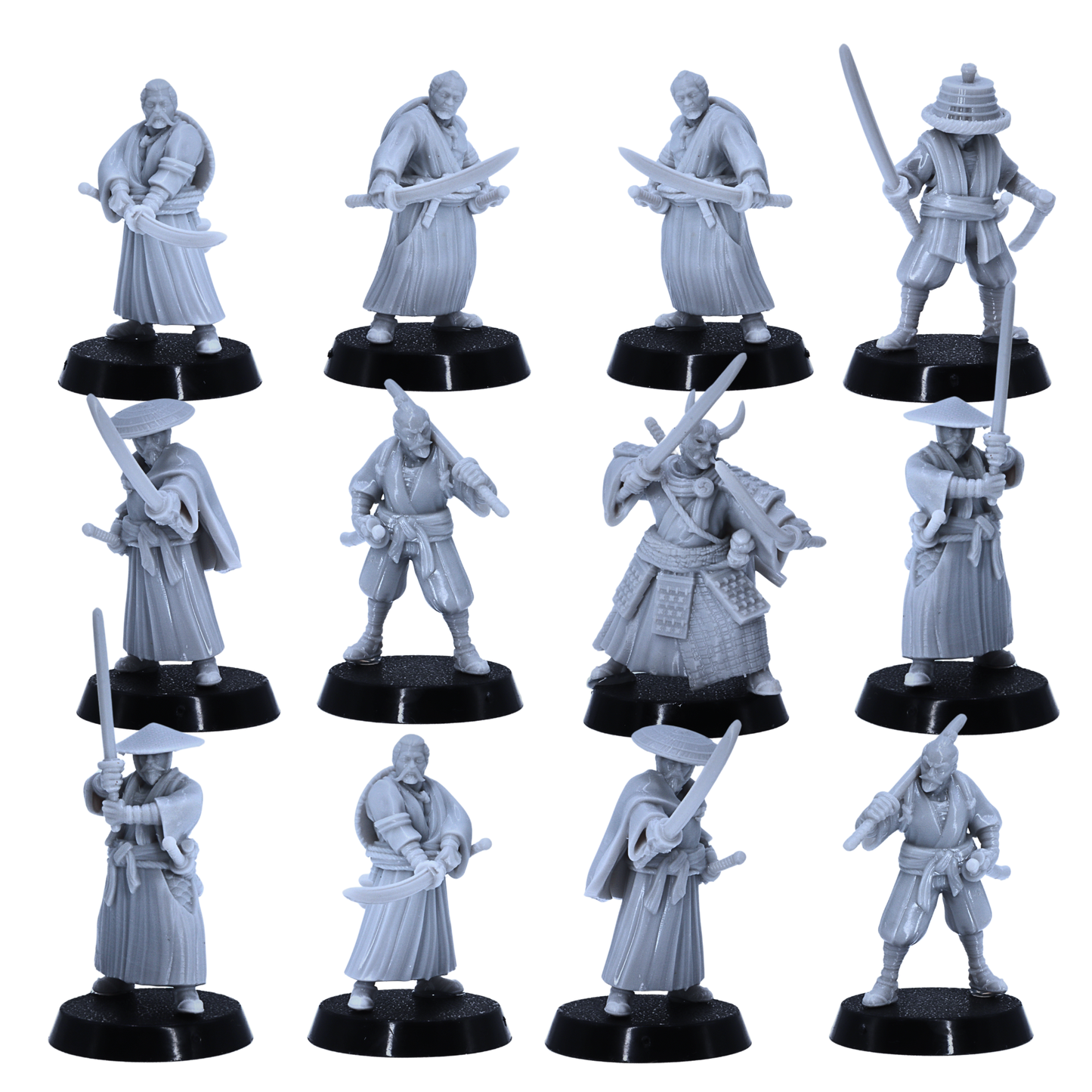 Alt Text: Group of 30mm scale Japanese ronin and samurai warriors with swords and traditional clothing.