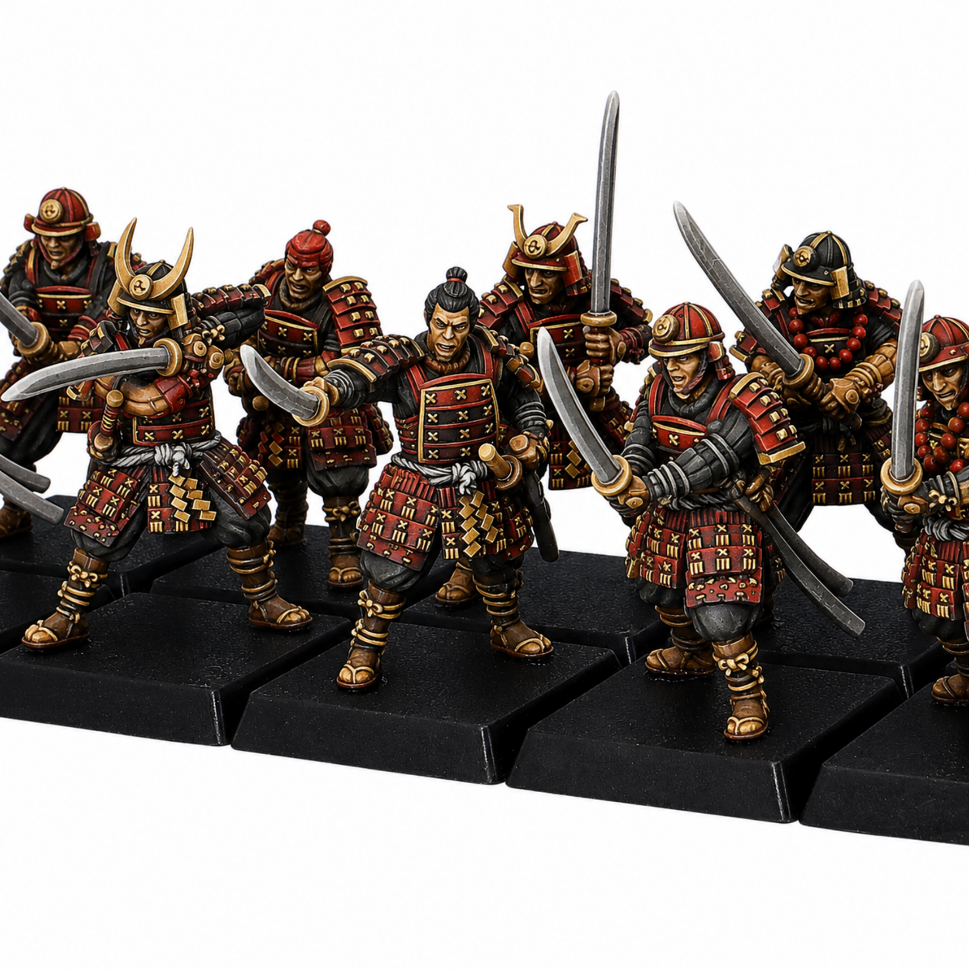 Painted Japanese Samurai Swordsmen set by Kyoushuneko Miniatures showing 12 armored 30mm warriors with swords on square bases.