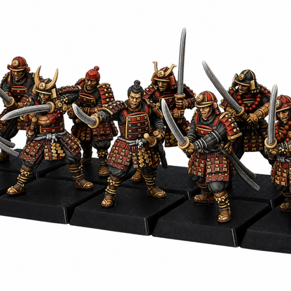 Painted Japanese Samurai Swordsmen set by Kyoushuneko Miniatures showing 12 armored 30mm warriors with swords on square bases.