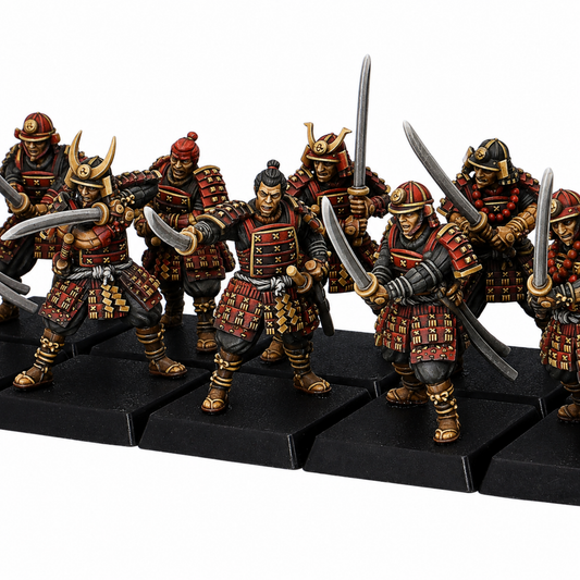 Painted Japanese Samurai Swordsmen set by Kyoushuneko Miniatures showing 12 armored 30mm warriors with swords on square bases.