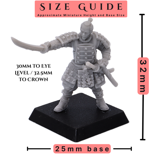 Size guide for Japanese Samurai Swordsmen miniature showing 30mm eye level, 32mm height to crown, and 25mm base.