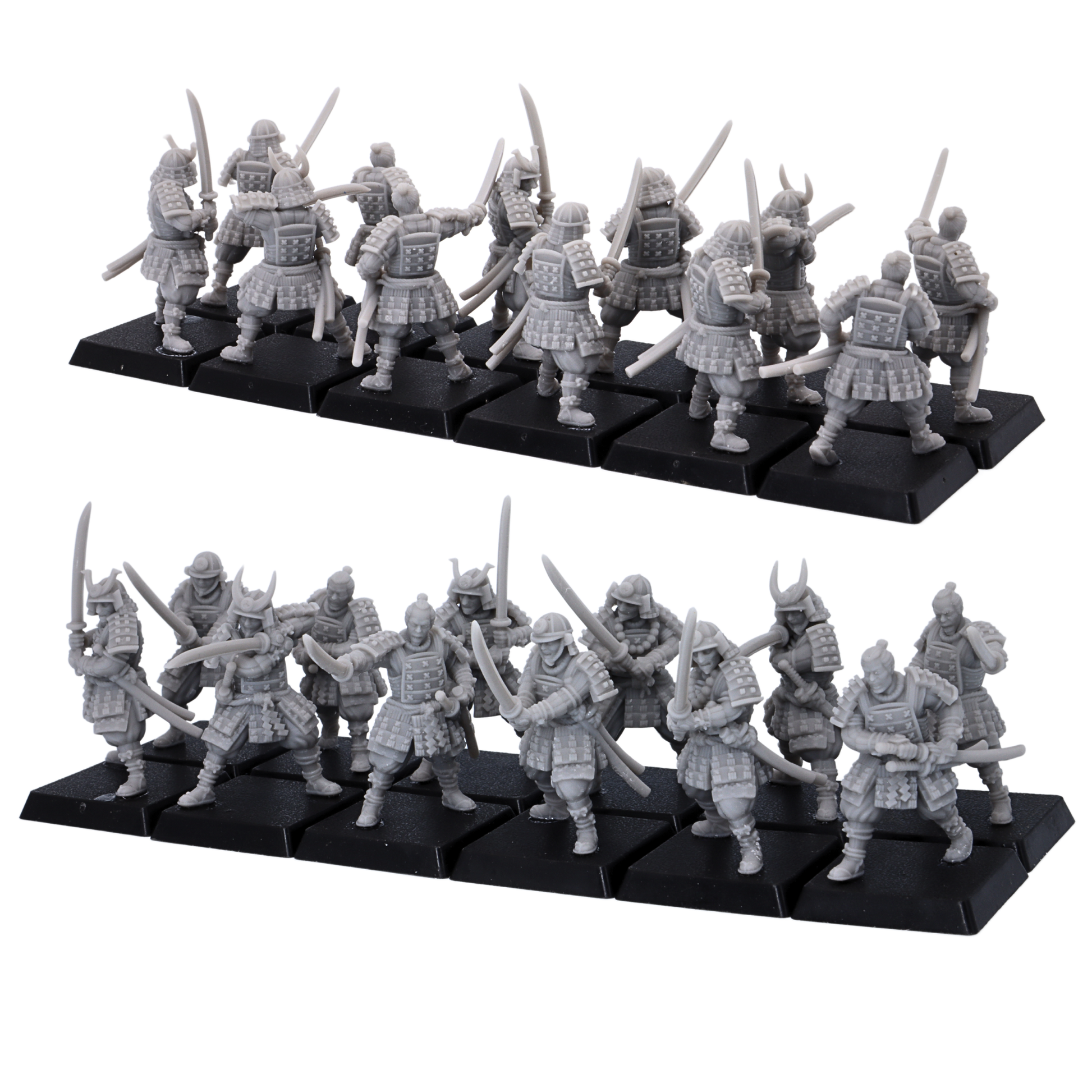 Unpainted Japanese Samurai Swordsmen set showing front and rear views of 12 armored sword miniatures.