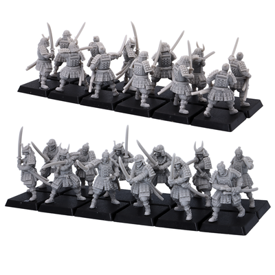 Unpainted Japanese Samurai Swordsmen set showing front and rear views of 12 armored sword miniatures.