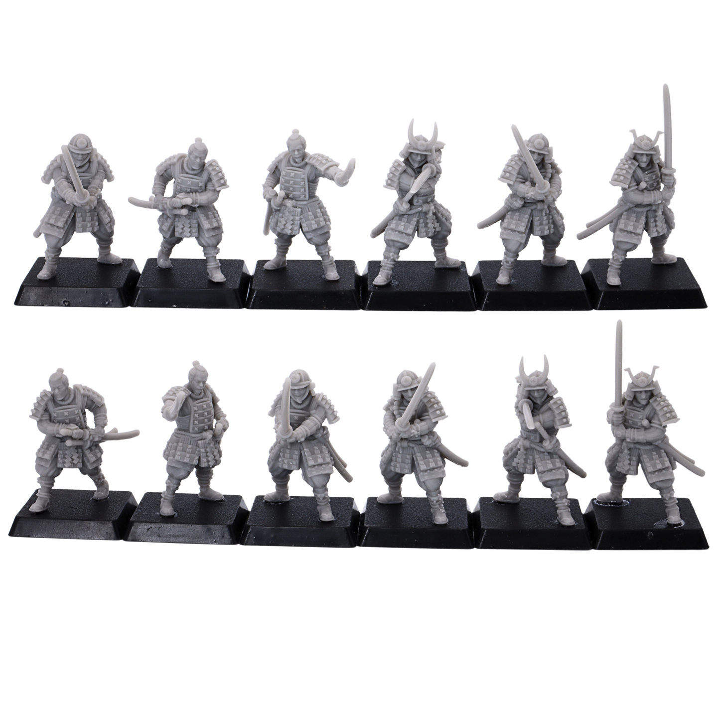Unpainted Japanese Samurai Swordsmen miniatures showing 12 front-facing sword poses on 25mm square bases.