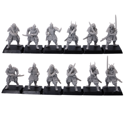 Unpainted Japanese Samurai Swordsmen miniatures showing 12 front-facing sword poses on 25mm square bases.