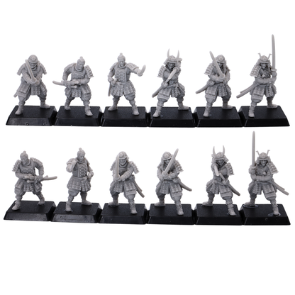 Unpainted Japanese Samurai Swordsmen miniatures showing 12 front-facing sword poses on 25mm square bases.