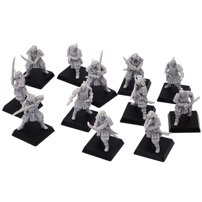 Unpainted samurai swordsmen miniatures shown from above with varied sword stances and armor details.