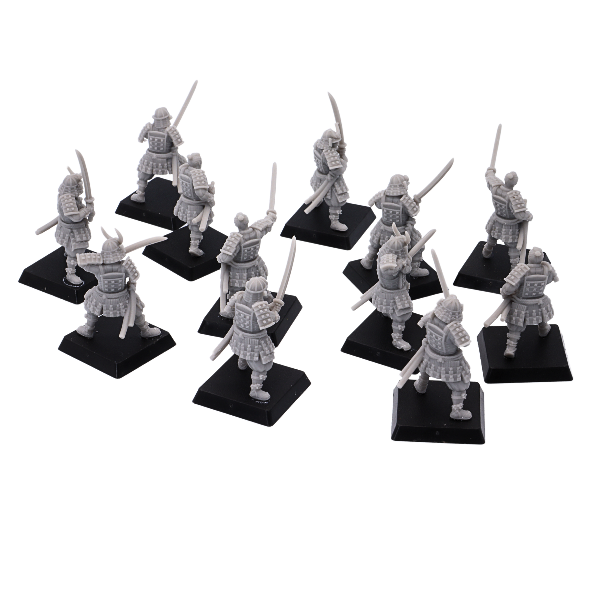 Unpainted Japanese Samurai Swordsmen set showing rear views with armor plates, helmets, and sheathed swords.