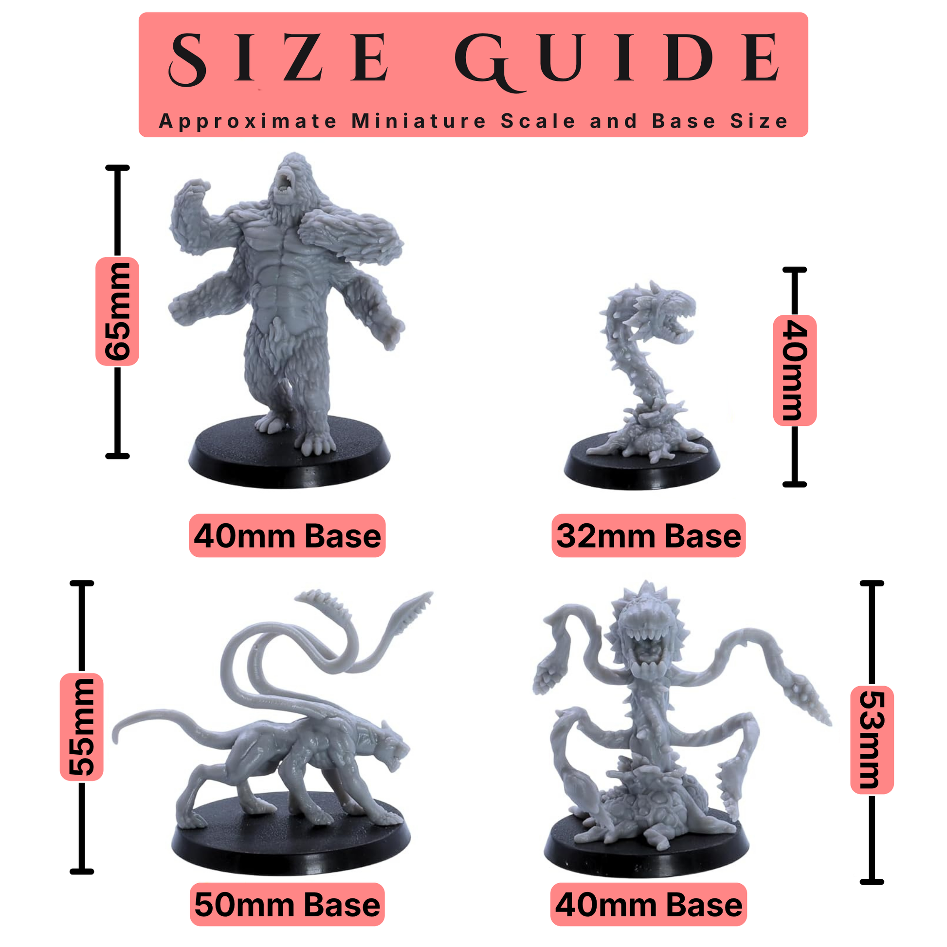 Jungle monster miniature size guide showing figures from 28mm to 65mm tall with assorted round bases.
