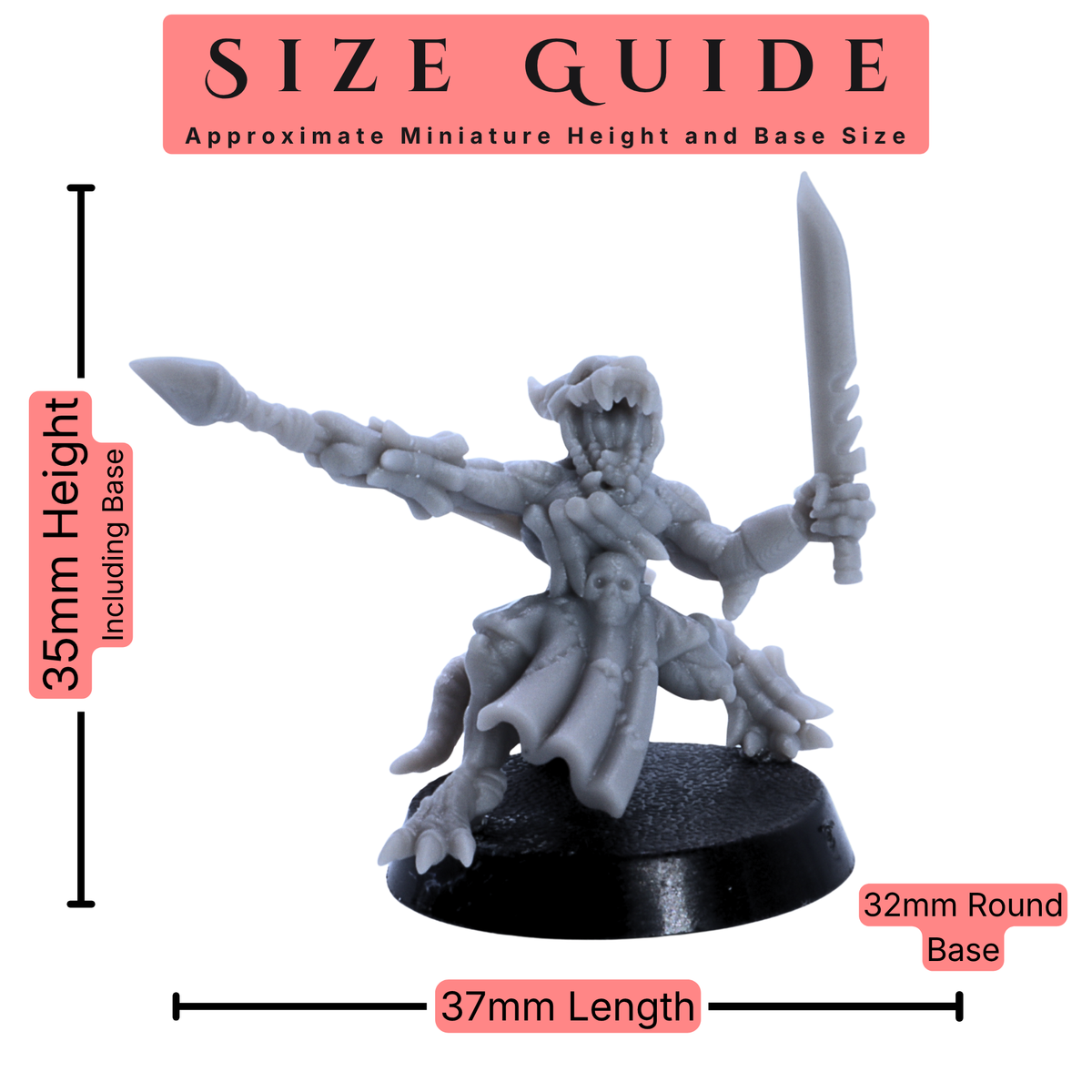 Kobold Army 28mm scale miniature size guide showing an approximate 35mm height including base, 37mm length, and 32mm round base.