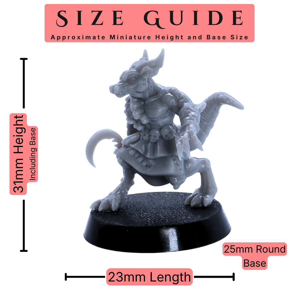 Kobold Army 28mm scale miniature size guide showing an approximate 31mm height including base, 23mm length, and 25mm round base.