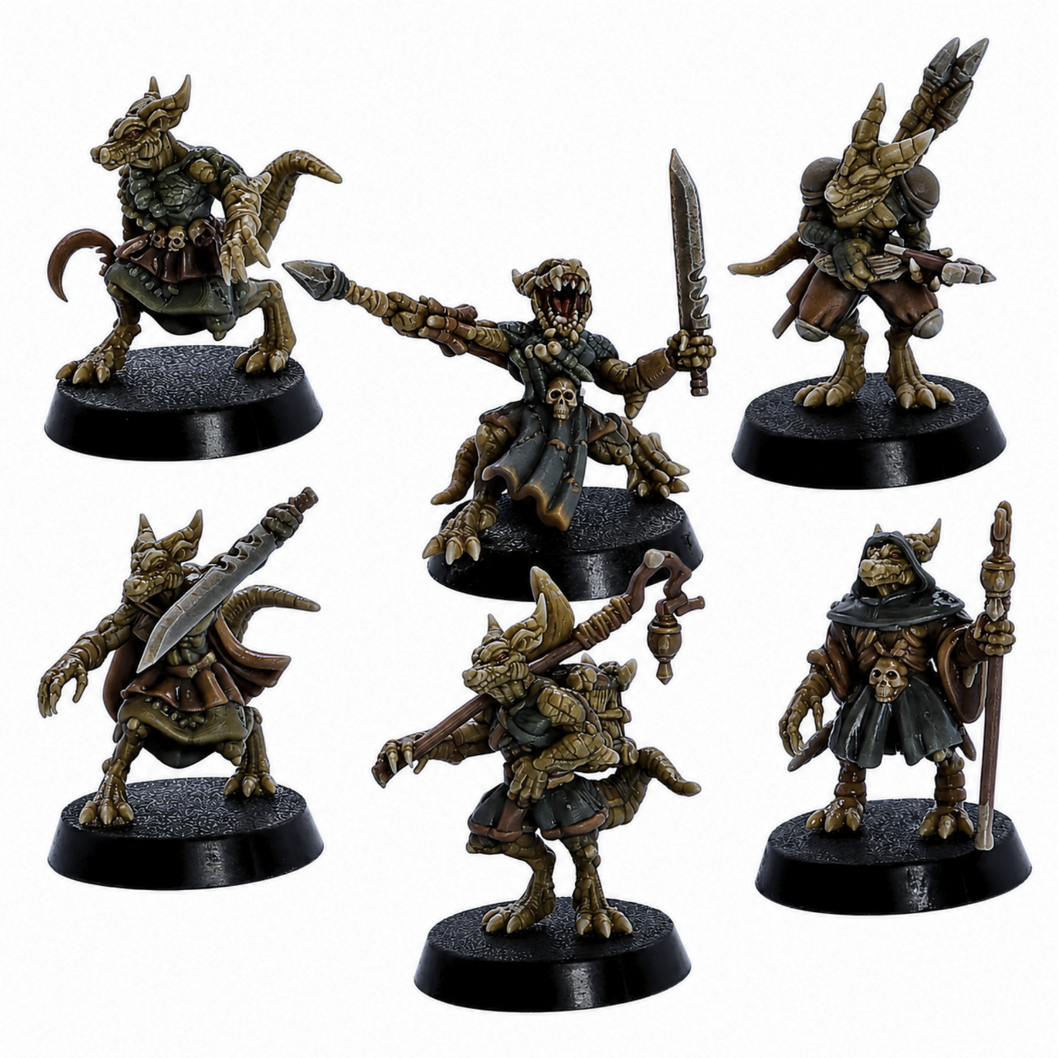 Painted Kobold Army set of 6 by Epic Miniatures showing varied reptilian fantasy miniatures.