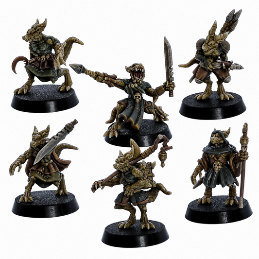 Painted Kobold Army set of 6 by Epic Miniatures showing varied reptilian fantasy miniatures.