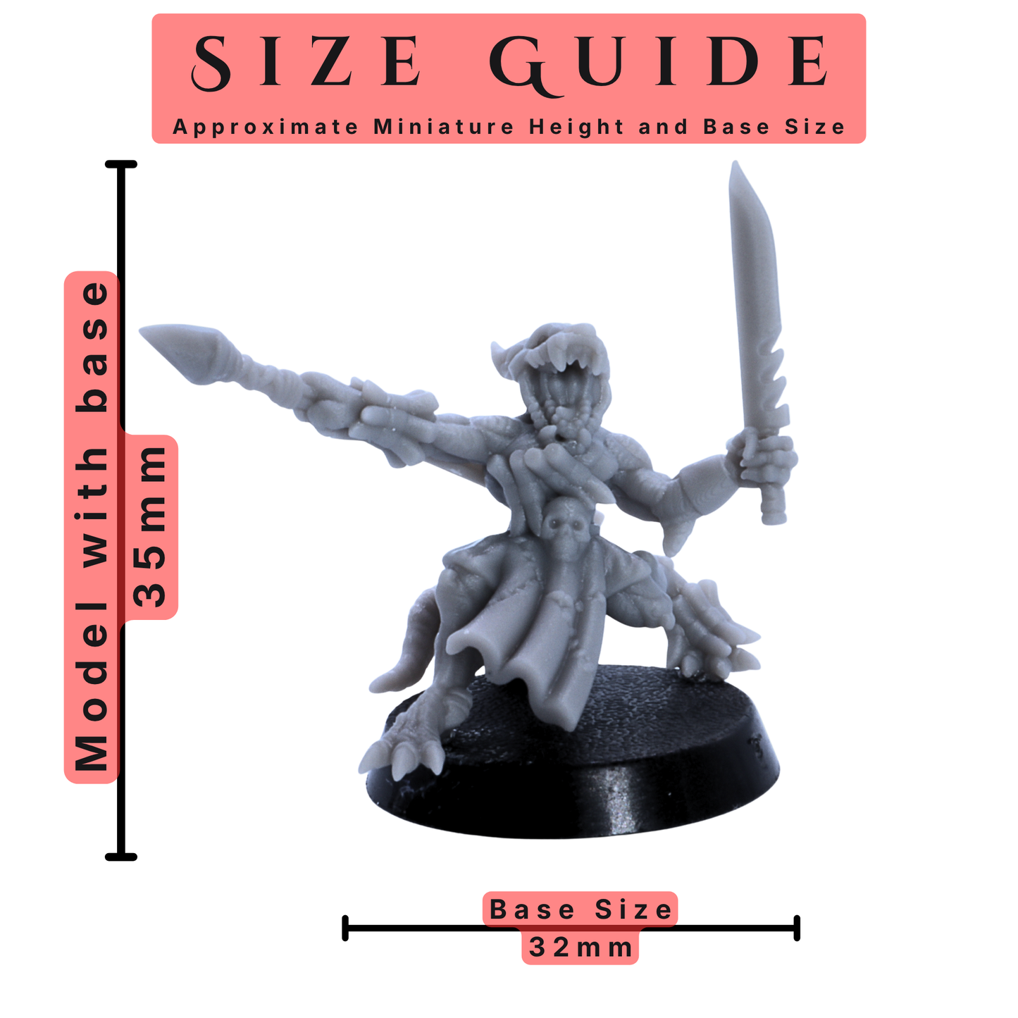 Size guide for Kobold Army miniature showing 35mm model height with 32mm round base.