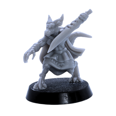 Unpainted kobold fighter miniature carrying a large blade across its shoulder.