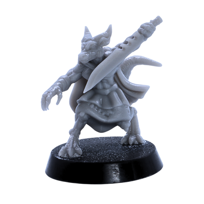 Unpainted kobold fighter miniature carrying a large blade across its shoulder.