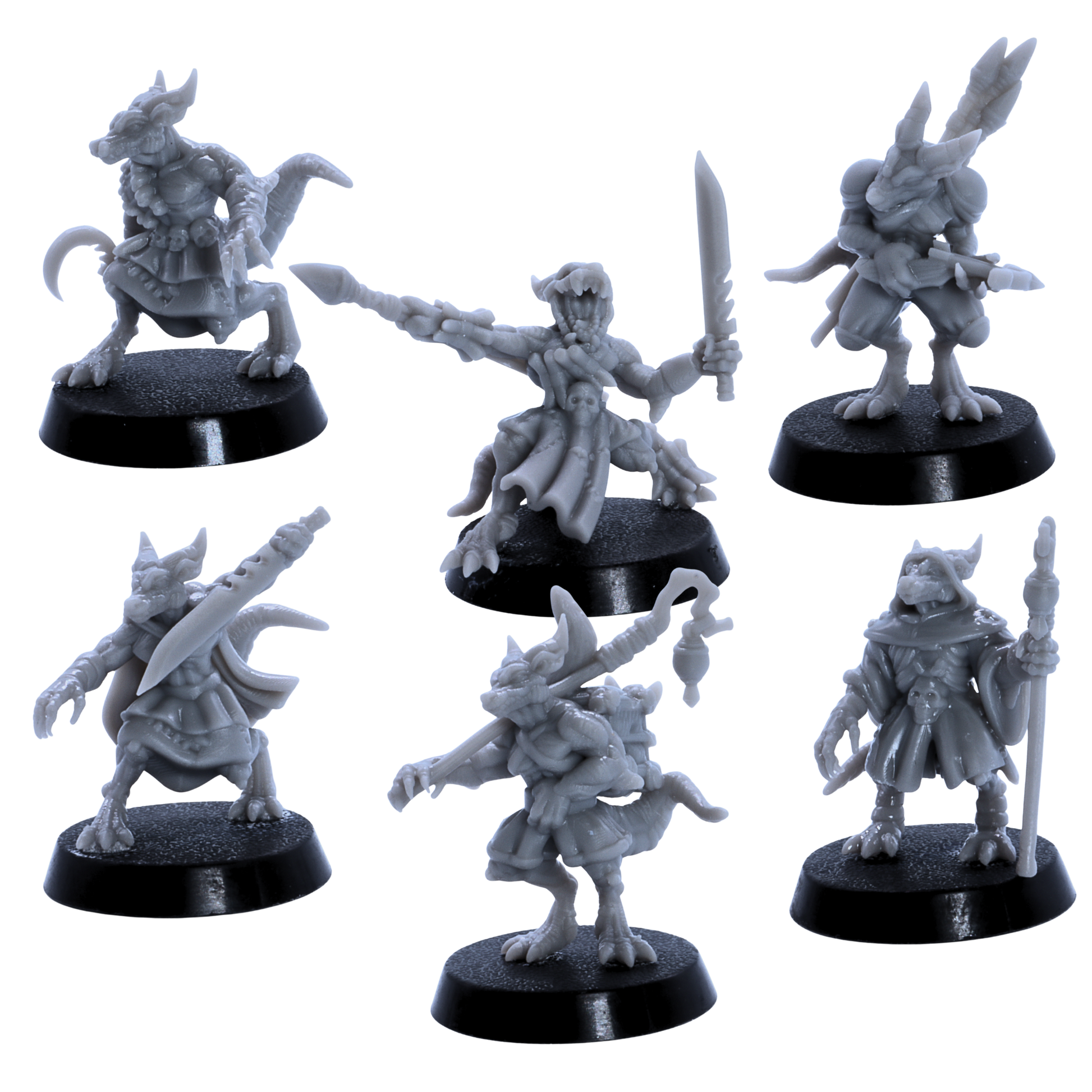 Unpainted Kobold Army set of 6 showing reptilian warriors and character miniatures on round bases.
