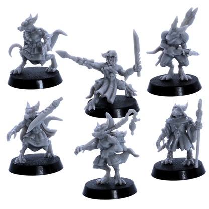 Unpainted Kobold Army set of 6 showing reptilian warriors and character miniatures on round bases.