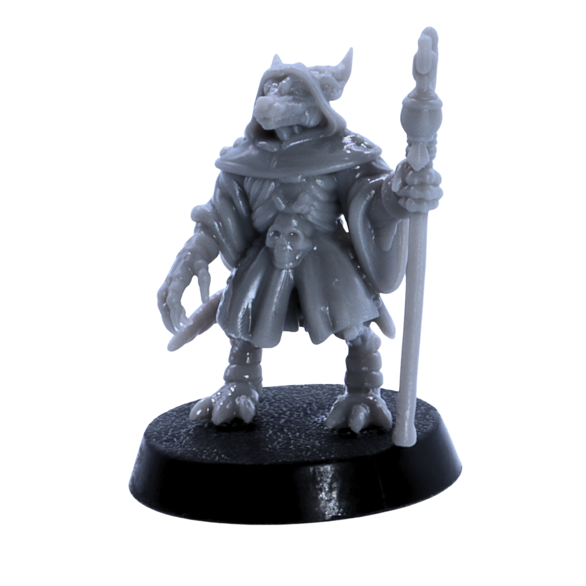Unpainted kobold warrior miniature carrying a hooked weapon and pack details.