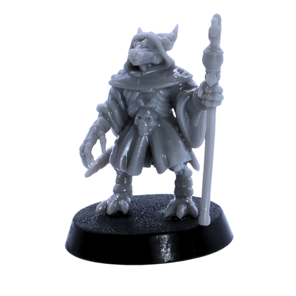 Unpainted kobold warrior miniature carrying a hooked weapon and pack details.
