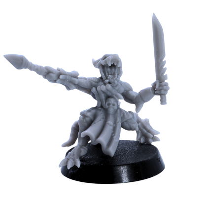 Unpainted kobold warrior miniature holding spear and blade on a round base.