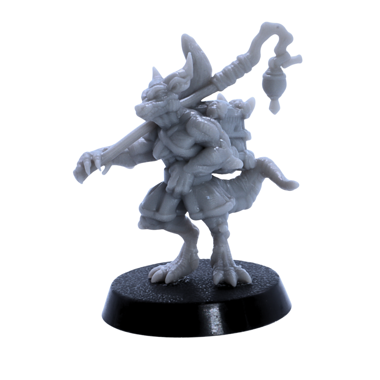 Unpainted robed kobold character miniature holding a staff on a round base.