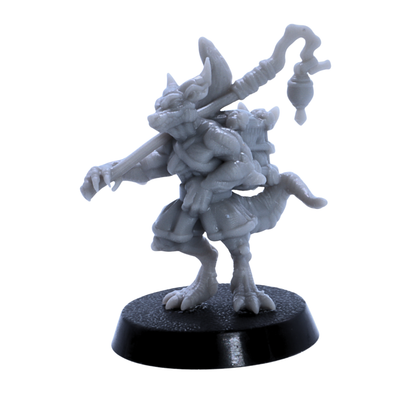 Unpainted robed kobold character miniature holding a staff on a round base.