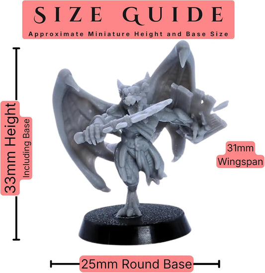 Kobold and Winged Kobold set of 12 28mm scale miniatures size guide showing an approximate 33mm height including base, 31mm wingspan, and 25mm round base size.