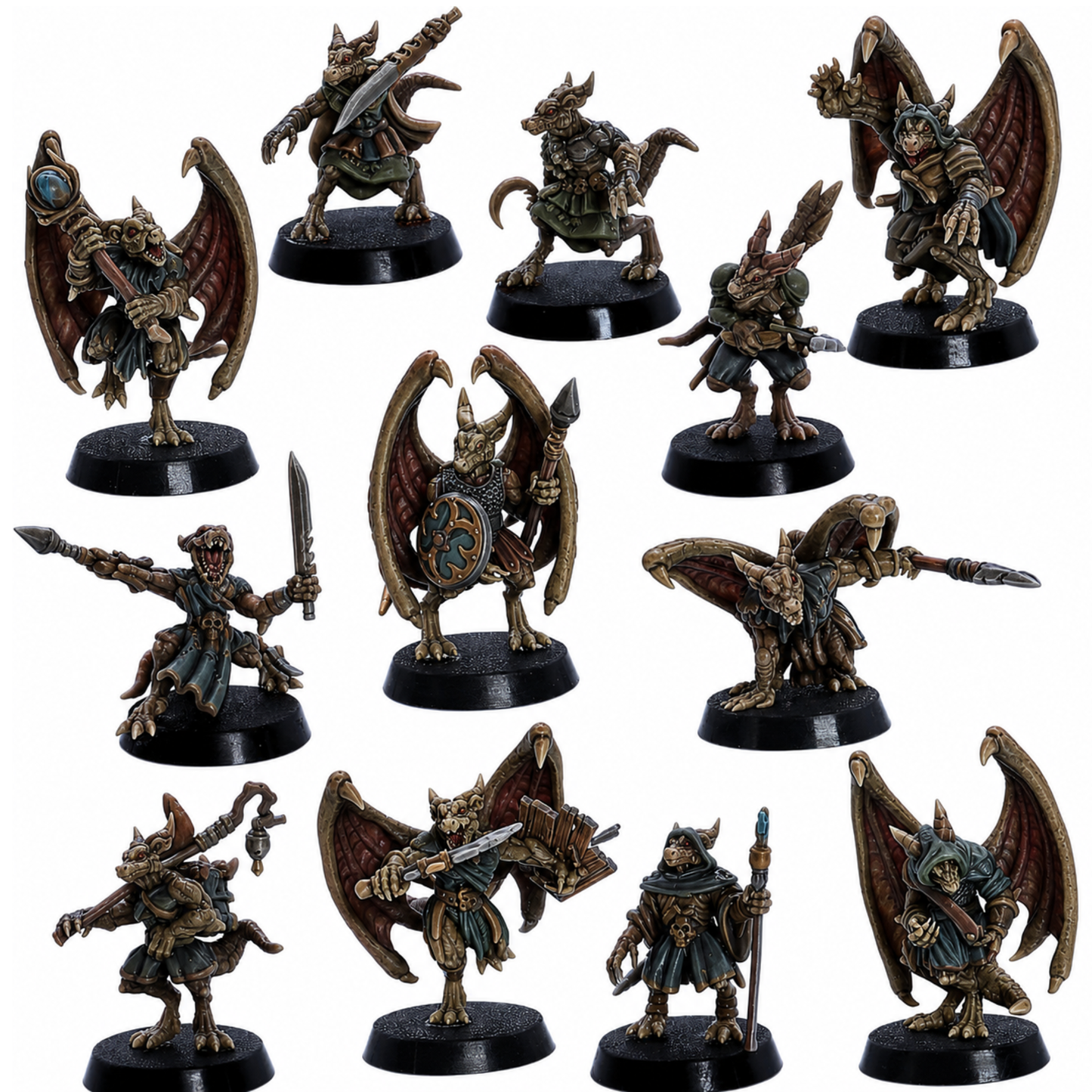 Painted Kobolds set of 12 by Epic Miniatures showing varied fantasy reptilian miniatures.