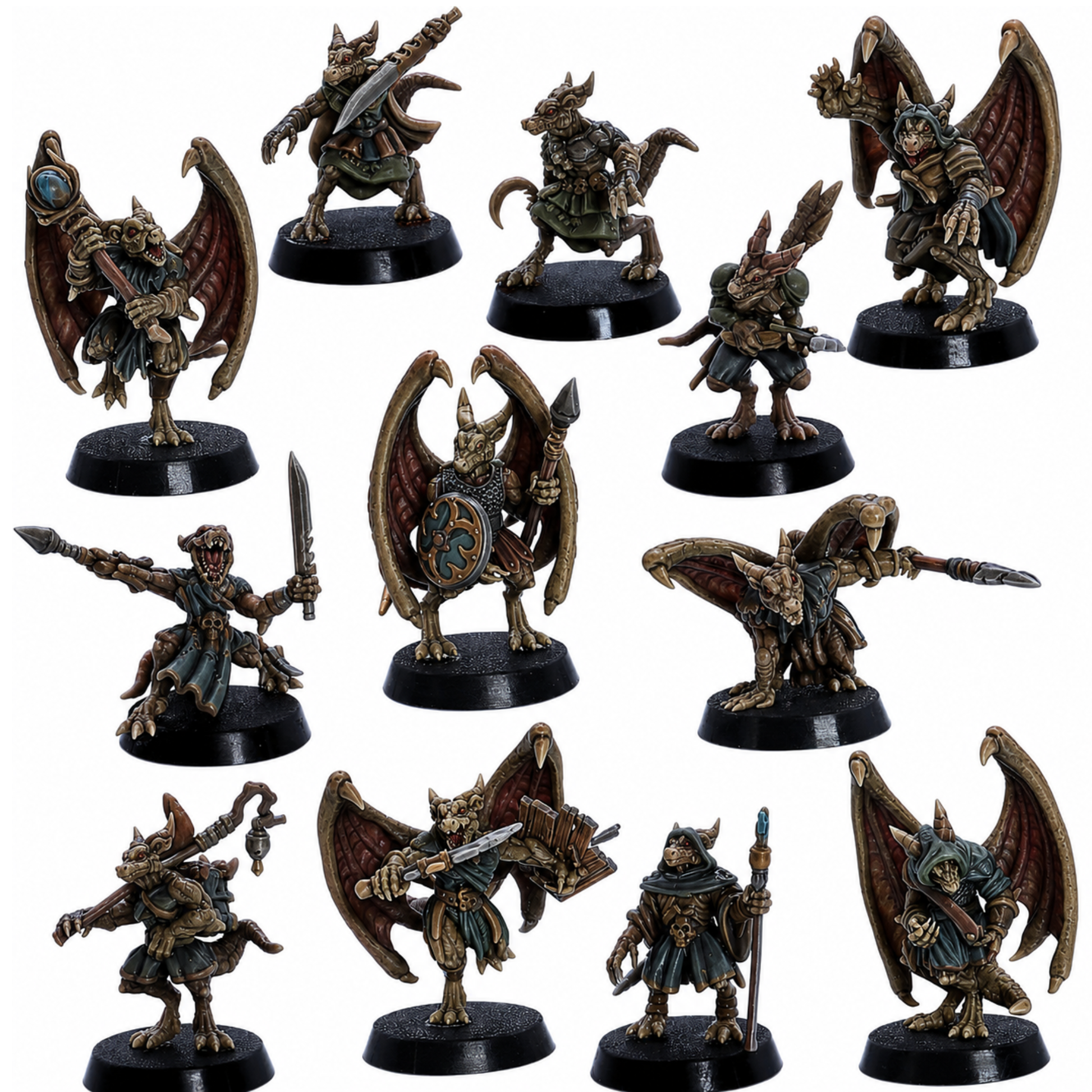 Painted Kobolds set of 12 by Epic Miniatures showing varied fantasy reptilian miniatures.