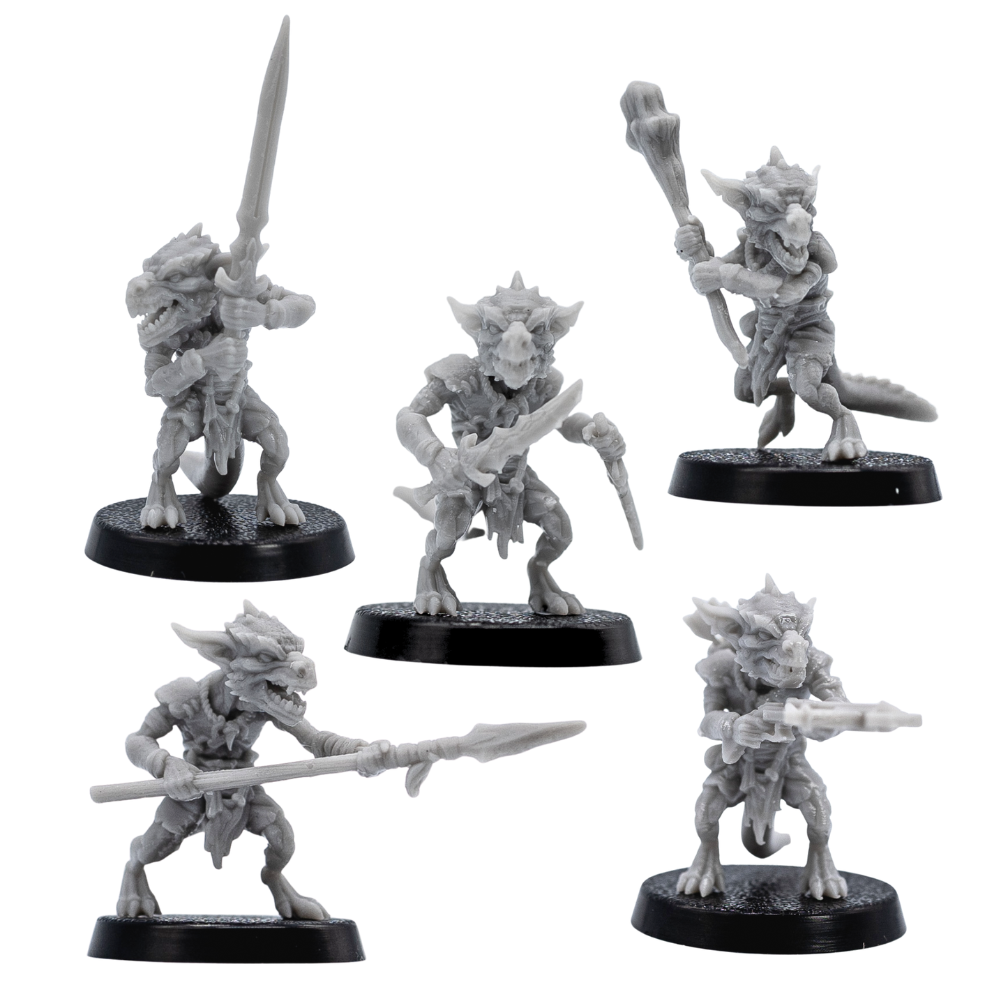 Front and side views of unpainted Kobold resin miniatures by Forged Path Miniatures on 25mm round bases.